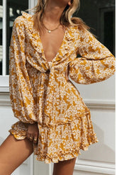 Ruffle Plunging Tie Long Sleeve Bohemian Mini Dress Ins street